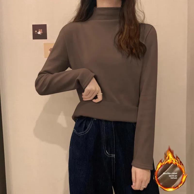 Camiseta Feminina de Manga Longa com Forro, Gola Alta, Versátil para Outono e Inverno, Branca e Elegante