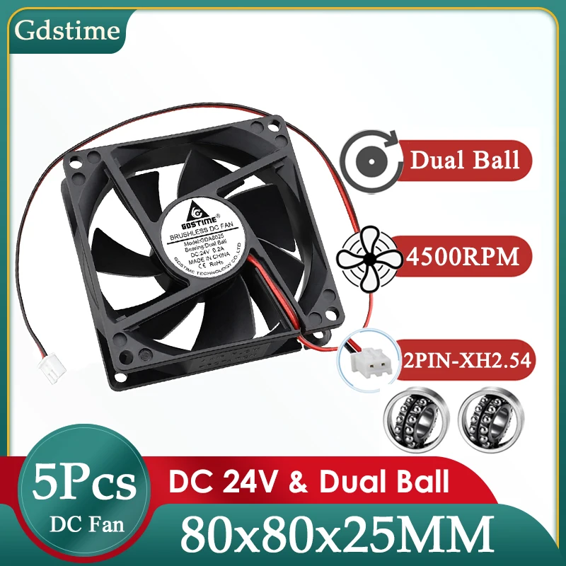 

5Pcs Gdstime DC 24V Fan 80MM*25MM Case Cooler 8025 Dual Ball 4500RPM Big Air Flow Cooling Fan 80MM for PC Computer CPU Cooling