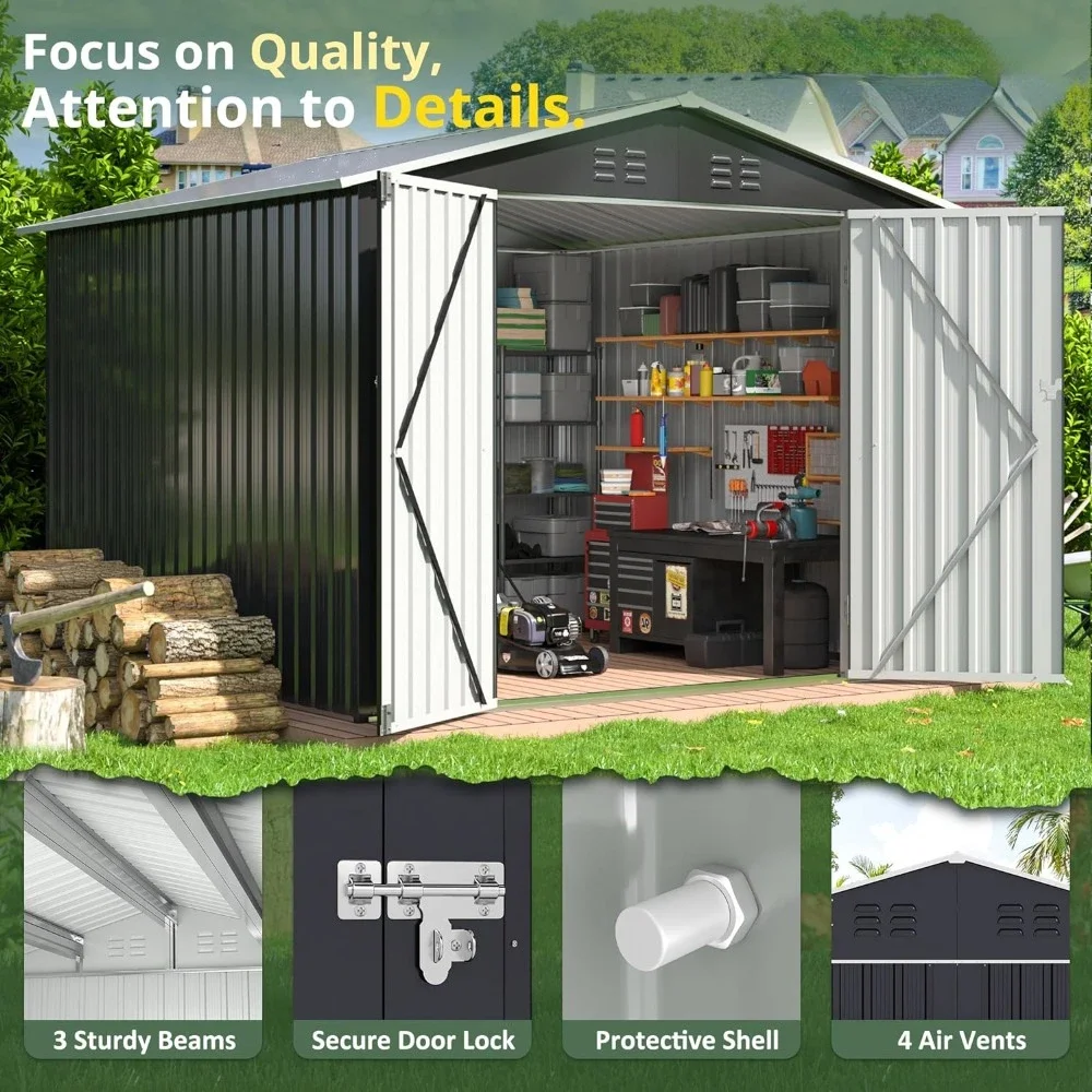 8x8 FT Outdoor Storage Shed, Large Garden Shed with Updated Frame Structure and Lockable Doors, Metal Tool Sheds