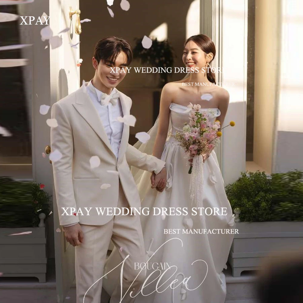 

XPAY Simple Strapless Satin A Line Korea Wedding Dresses Photoshoot Custom Made Sweep Train Bridal Gowns Good Quality Elegant