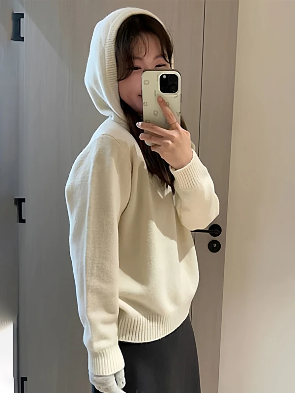 

Slimming Effect Loose Knitted Hoodie Women's Faion Autumn Winter New Sle Comfortable Soft Medium Thin Warm Sweater