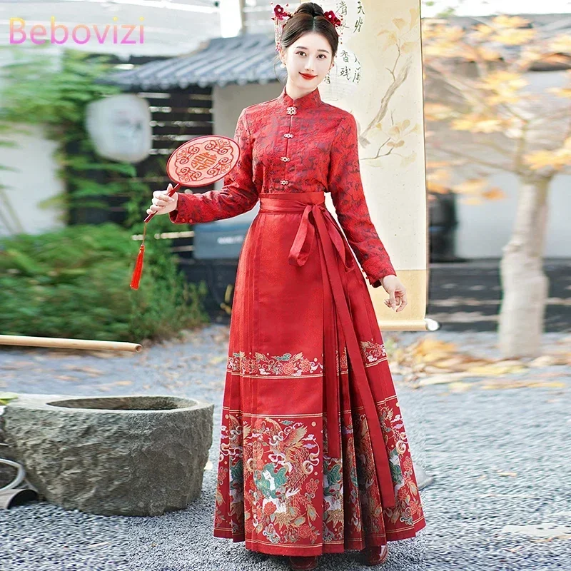 Hanfu rok wajah kuda bordir wanita, rok Cosplay kaus merah kerah berdiri lengan panjang gaya Cina