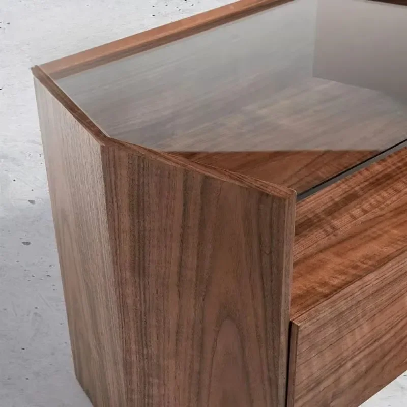 

hot saleNordic Walnut Wooden Nightstand Modern Bed Side Cabinet Hotel Furniture Tempered Glass Bedroom Night Stand Bedside Table