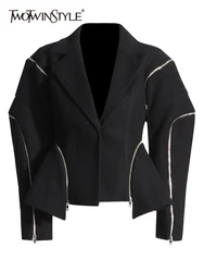 TWOTWINSTYLE-chaquetas informales con cremallera para mujer, abrigo de manga larga con cuello en V y botones empalmados, moda femenina