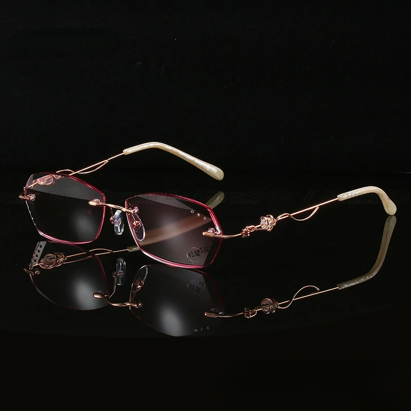 다이아몬드 커팅 독서 안경 합금 무테 핑크 그라데이션 안경, 여성 모조 다이아몬드 금속 안티 블루 + 3.0 + 4.0