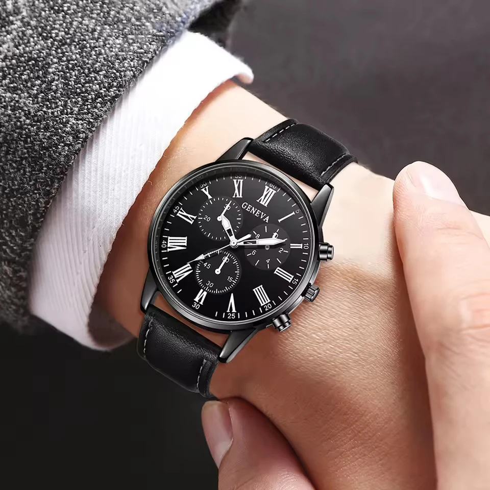 2個セット メンズ スタイリッシュ クォーツ腕時計 ローマ数字＆キングブレスレット アナログ PUレザー腕時計 ミニマリスト ビジネスウォッチセット