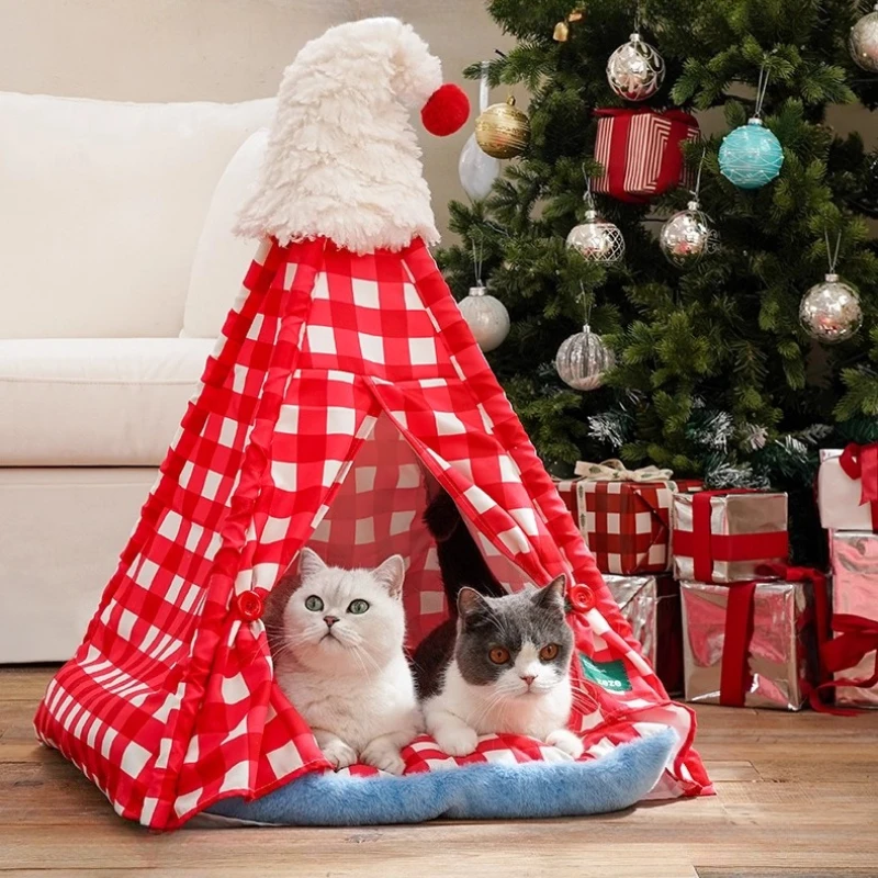 

Christmas Pet Tent with Removable Cushion Warm Snow Hat Design Cat House Semi-Enclosed Washable Pet Bed Cozy Dog Bed for Cats