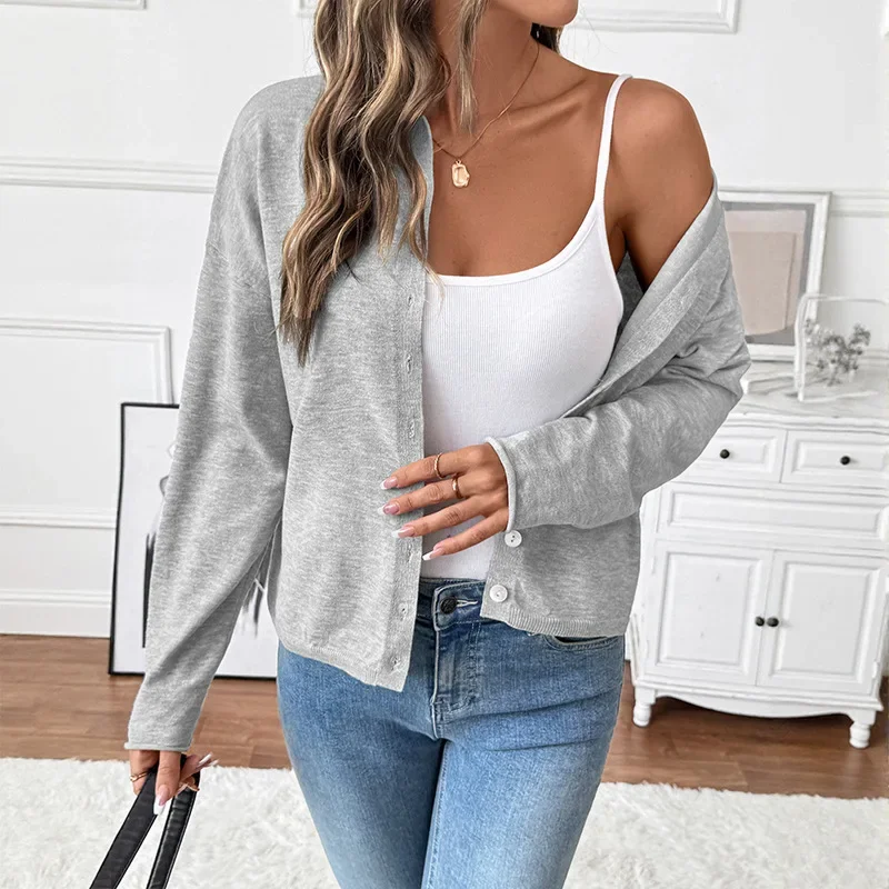

Solid Color Knitted Cardigan Women's Round Neck Sweater Jacket Top European American Women's Casual Single-breasted