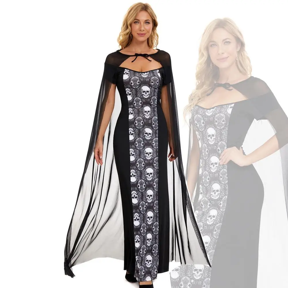

loween Adult Skeleton Print Long Dr Witch Role-plang Death God Queen Stage Gift Traditional Ethnic Stage Costume