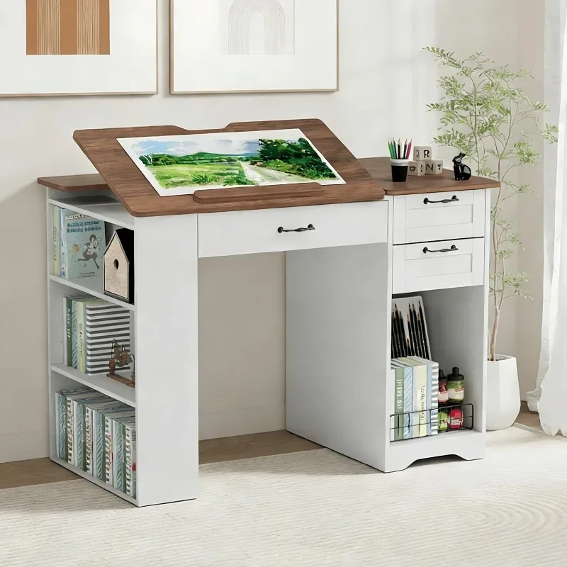 Drafting Table with Storage Cabinet & Drawers, Adjustable Drawing Desk with Open Shelves, Craft Table Painting Desk