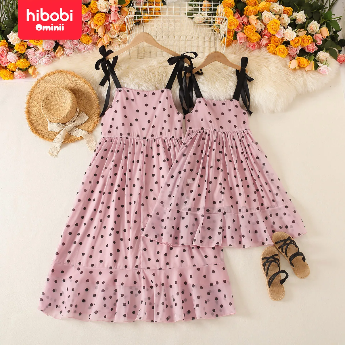 hibobi Summer Parent-Child Sling Dress Sweet Wave Point Print Sleeveless Dress For Mom And Me Beach Resort Style