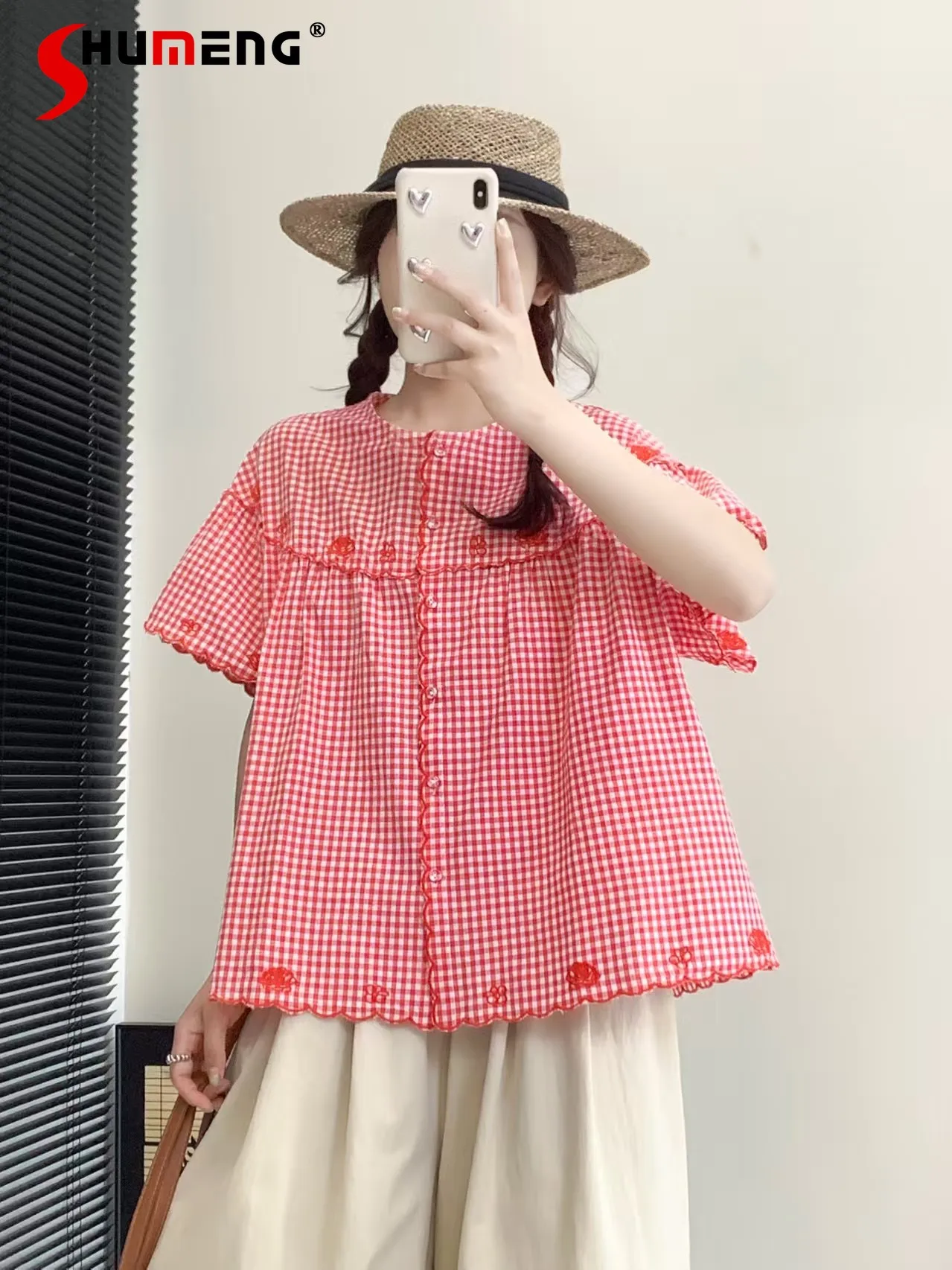 

Japanese Mori Girl Style Round Neck Short Sleeve Embroidery Single-breasted Loose Sweet Versatile Plaid Shirts Tops Women Summer