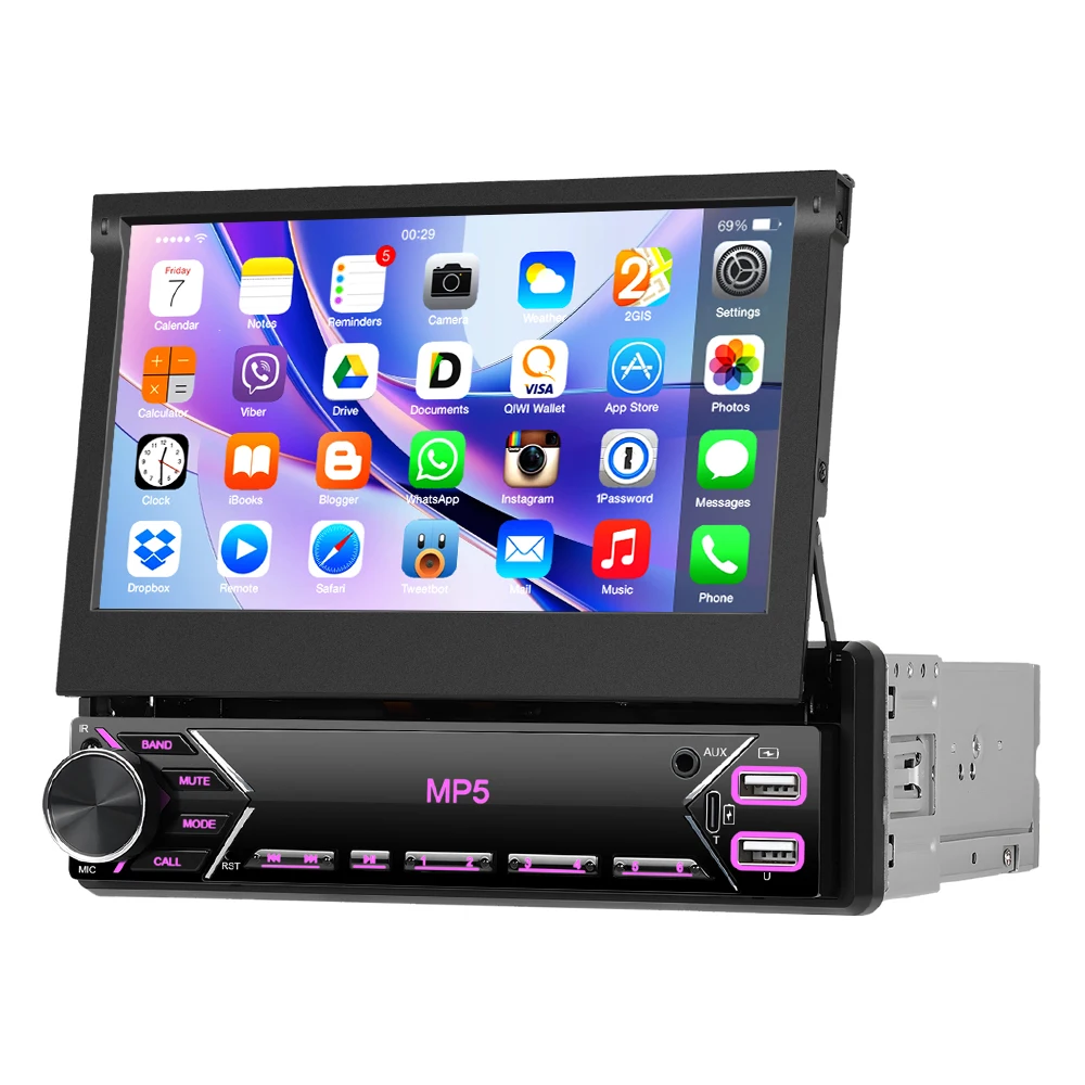 Podofo 1Din Autoradio 7'' Ausfahrbarer Bildschirm Mirror Link MP5 Multimedia-Player Bluetooth FM Mehrfarbige Beleuchtung Typ-C EQ-Sound Auto-Stereoanlage