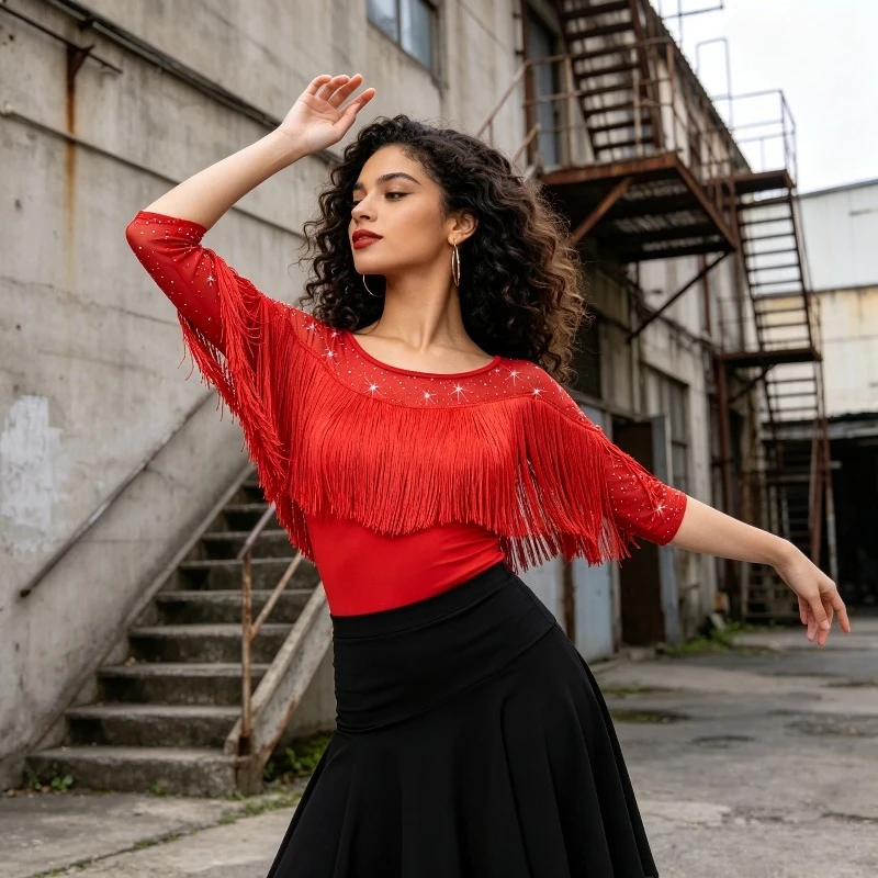 

Women's Shawl Tassel Hot Stamping Diamond Modern Dance Top Adult National Standard Social Latin Practice Performance Top
