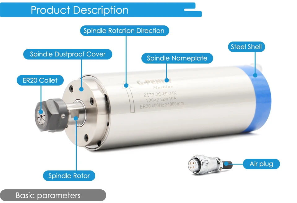 G-Penny 220V 2,2kW ER20 80mm Wassergekühlter Spindelmotor-Kit mit Keramikkugellager und 2,2kW H100 Wechselrichter für CNC-Fräsmaschine – Detail 2