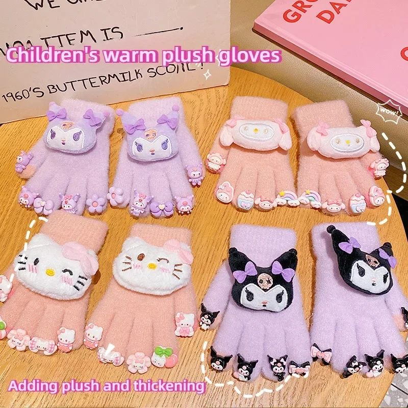 Sanrio Kinderhandschuhe, süßes Kuromi-Fünf-Finger-Set, das Plüsch und Verdickung hinzufügt, Winter-Mädchen-Kinder, kältebeständig, Weihnachtsgeschenk