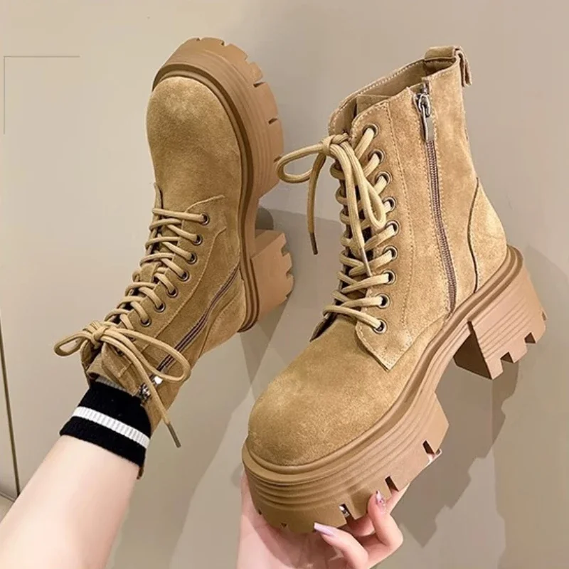 Retro Laces Ankle Boots Women Fashion Leather Suede Platform Boots Side Zipper Design Short Boots British Style Ladies Snow Boot