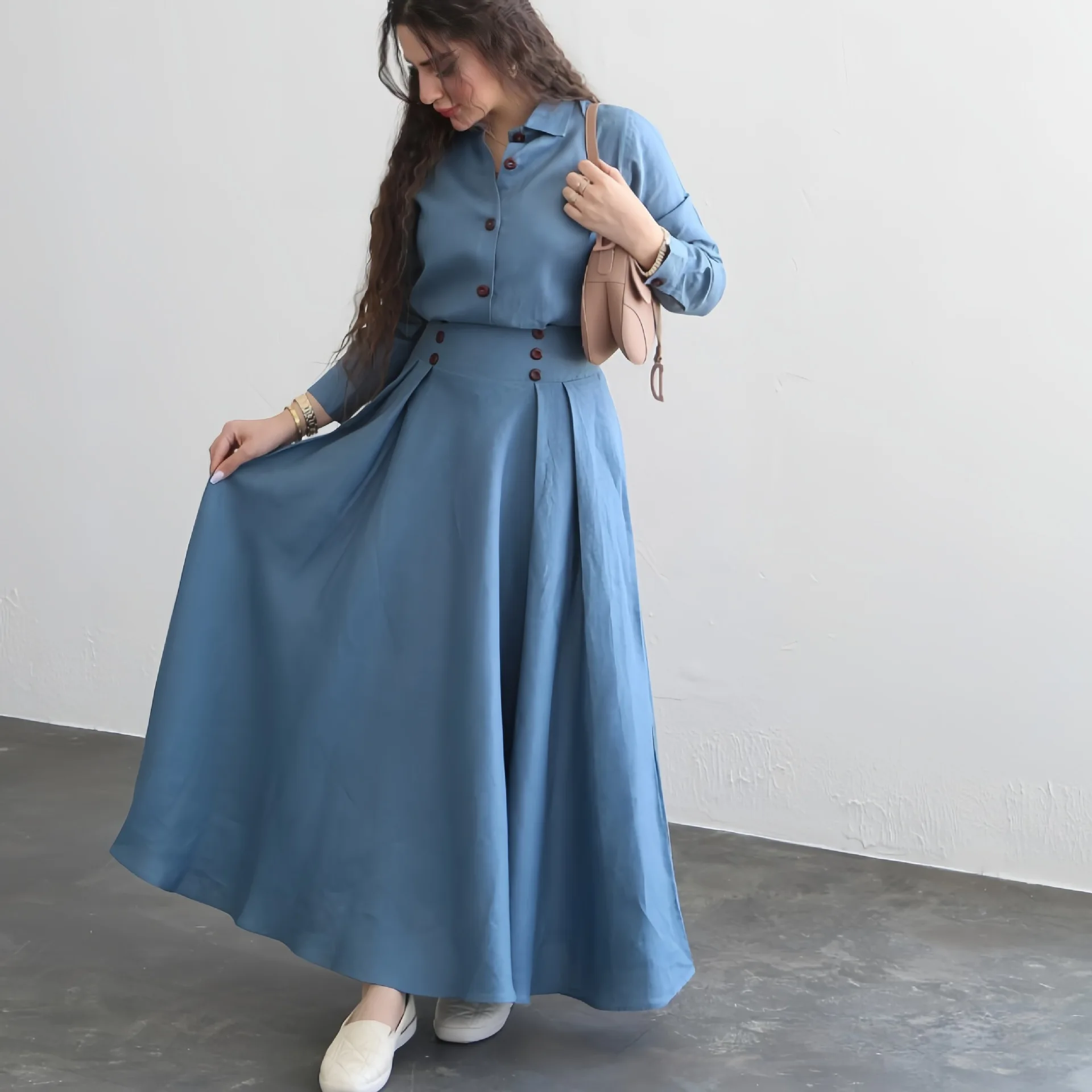 Losse linnen shirt-rokset met lange mouwen Damesmode Pure kleur Top Bottom Aparte tweedelige outfit voor de lente herfst