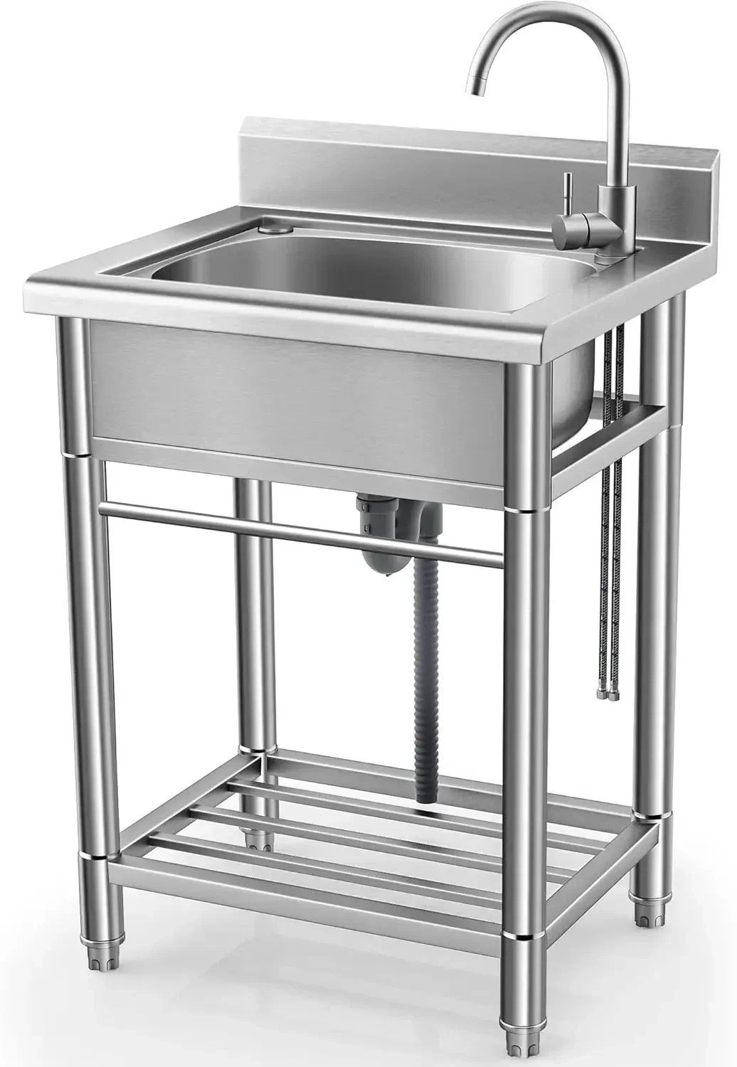 Utility Sink Free Standing Single Bowl Kitchen Sink and Hot Water Pipe Stainless Steel Sink for Laundry Room Bathroom Farmhouse