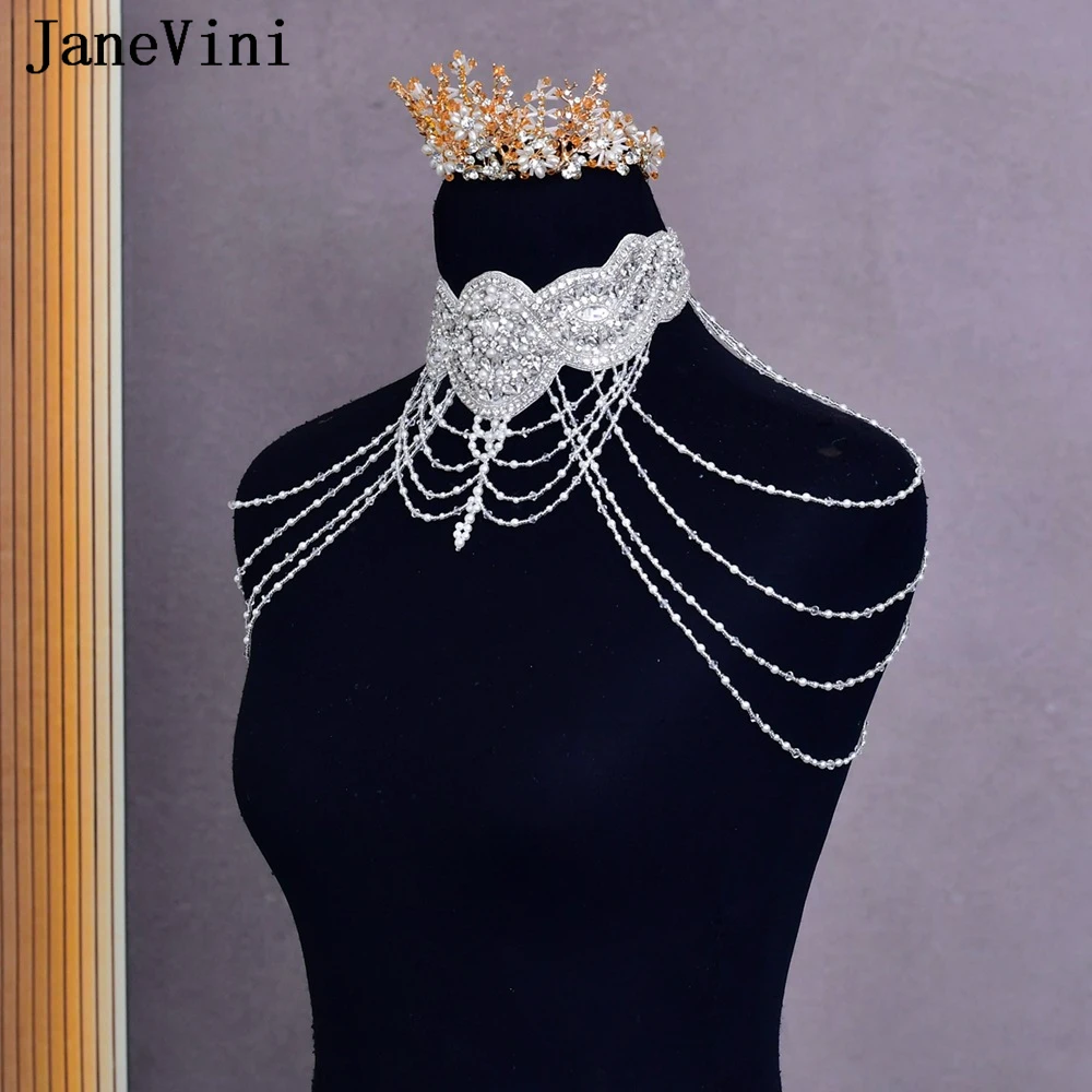 JaneVini Luxury Wedding Necklaces Shawl Adjustable Bridal Crystal Beaded Pearl Cape Party Woman Shoulder Chain for Party Dresses