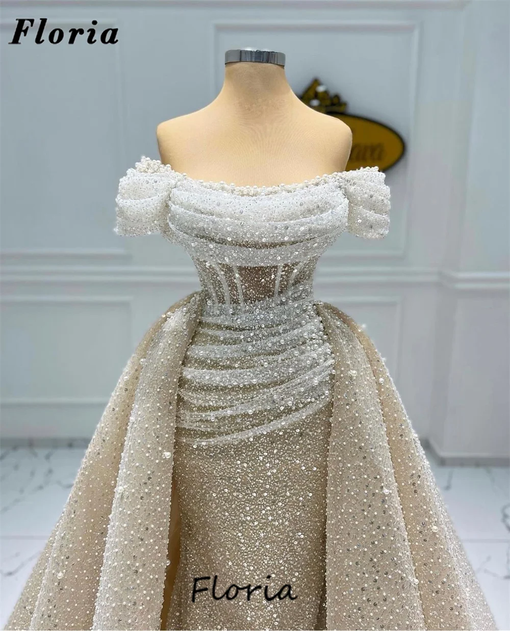 Champagne Sequins Evening Dresses Off Shoulder Boat Neck Formal Prom Dress Vestidos De Festa Beading Wedding Party Gowns 2024