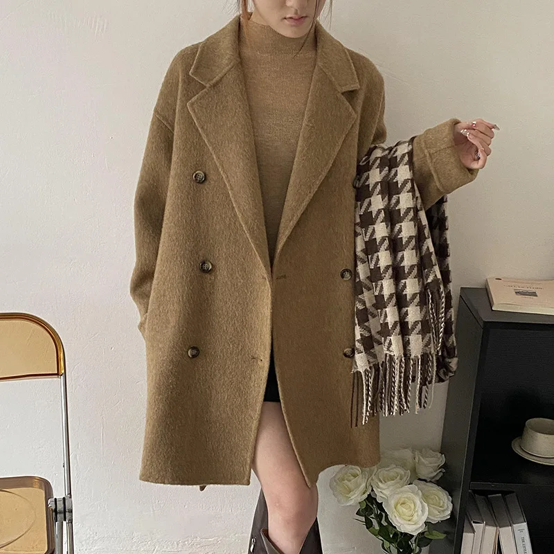 High end suit collar, double-sided cashmere coat, women's 2024 autumn and winter new Korean version belt, slimming woolen coat