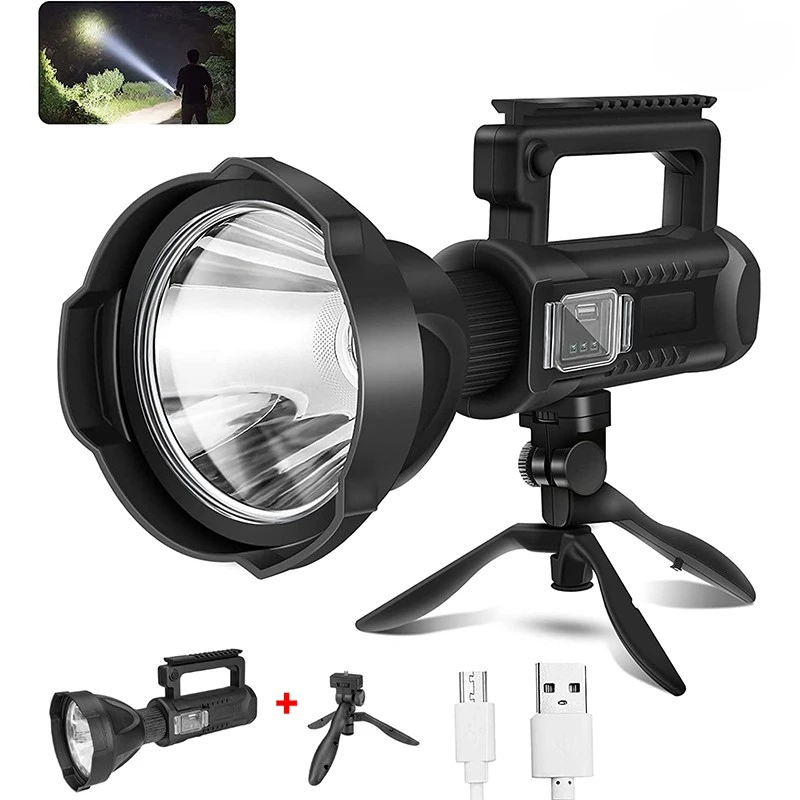 LED Rechargeable Spotlight High Lumens Super Bright Flashlight with 4 Modes IPX5 Waterproof Large Searchlight with Tripod