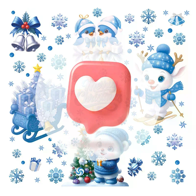 Blue Christmas Window Clings-Static Sticker Set With Bells, Reindeer, Santa, Snowflakes & Snowman For Holiday Party Decor