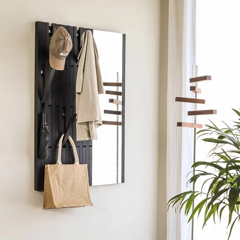 Full-length mirror, hanger integrated entrance mirror, solid wood coat rack, fitting mirror, full-length mirror, household