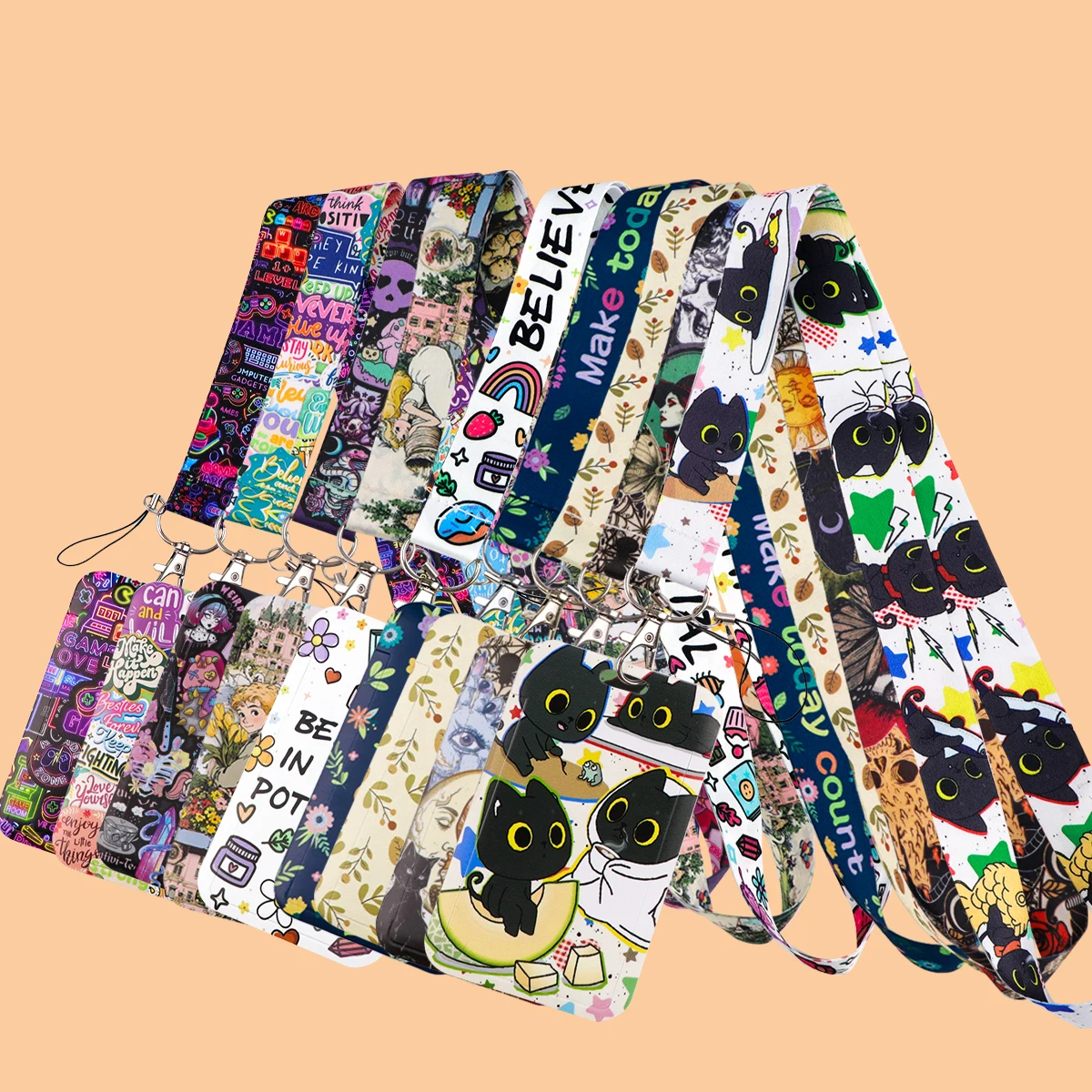 Plant Quotes Credential Holder Keychain Neck Strap Cute Black Cat Lanyards For Pass Card Credit Card Holder Keyring Accessories