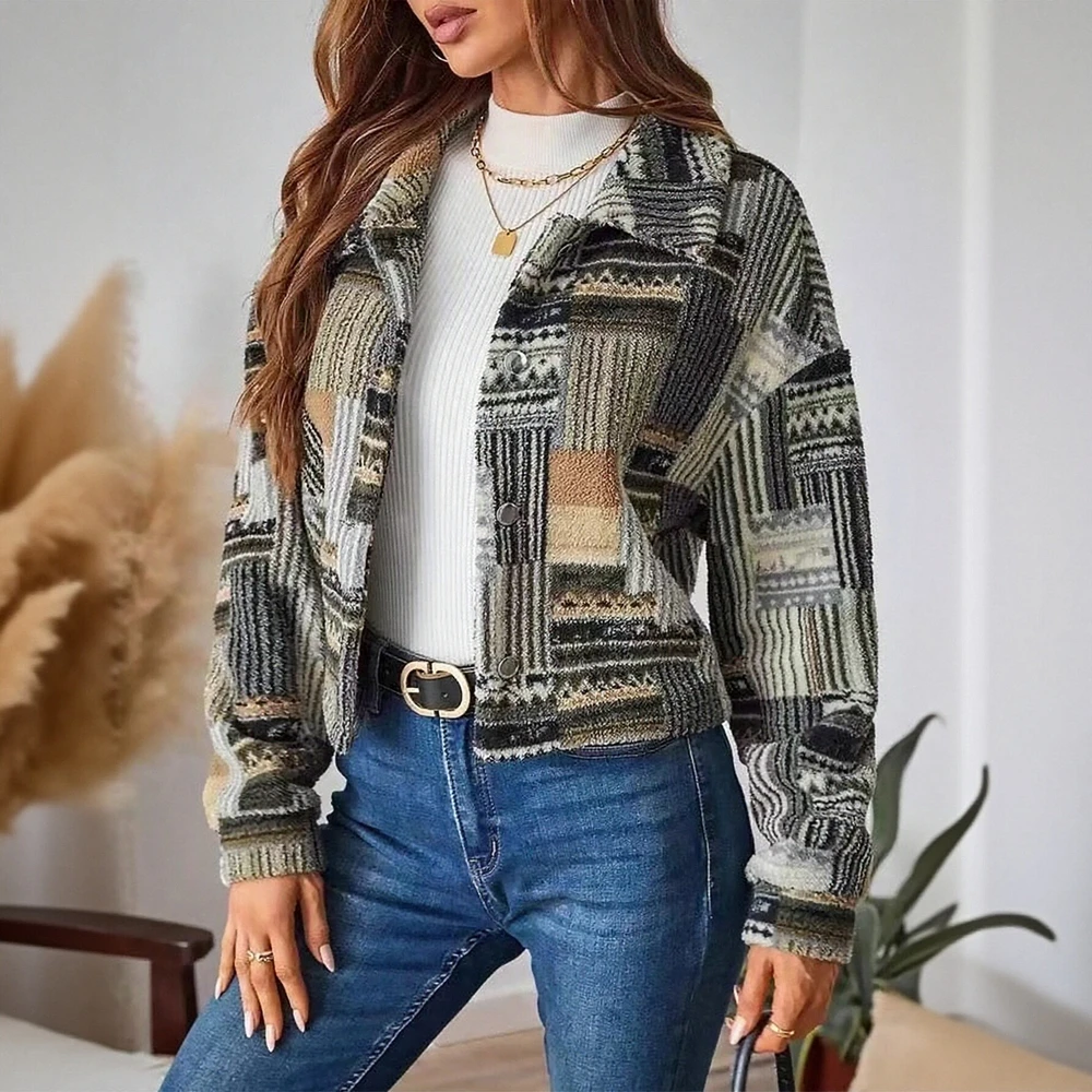 

Double-Sided Furry Button-Up Printed Casual Women's Autumn Winter Coat Soft Plush Ladies Cardigan Fashionable Outerwear