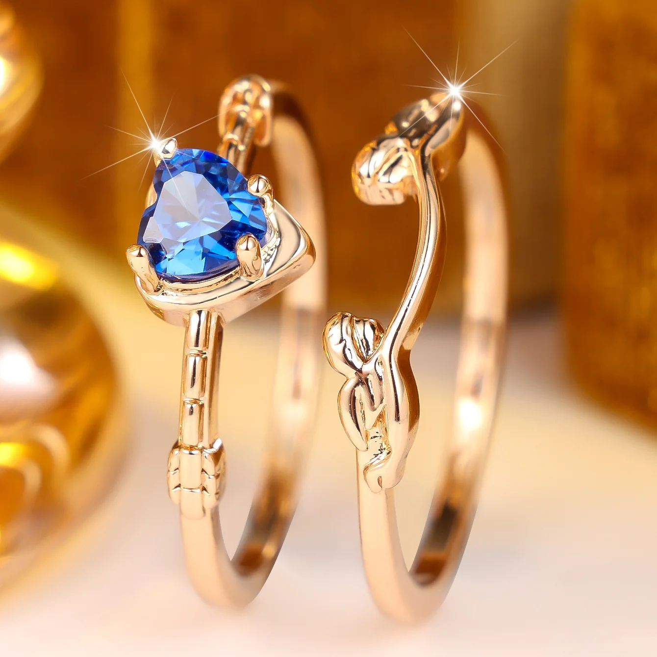 Small Cute Charm Female Blue  Zircon Heart Stone Ring Set Fashion Vintage Gold Color Bridal Wedding Engagement Jewelry For Women