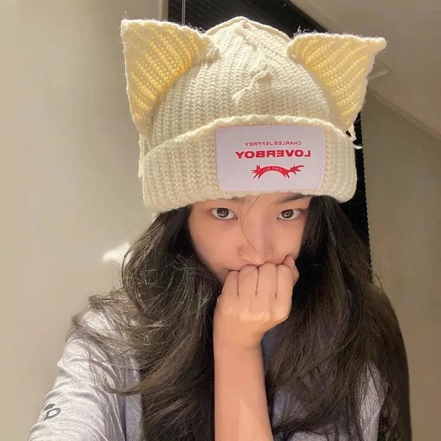 Lover boy Pig Ear Knit Hat Double-layer Warm Cat Ear Woolen Hat 