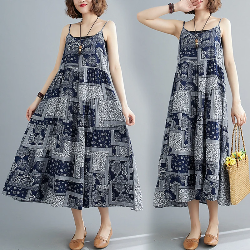 

Хлопково-льняной жилет с принтом на бретелях в национальном стиле Dr, большие размеры, женская юбка-миди трапециевидной формы, широкий подол, платье