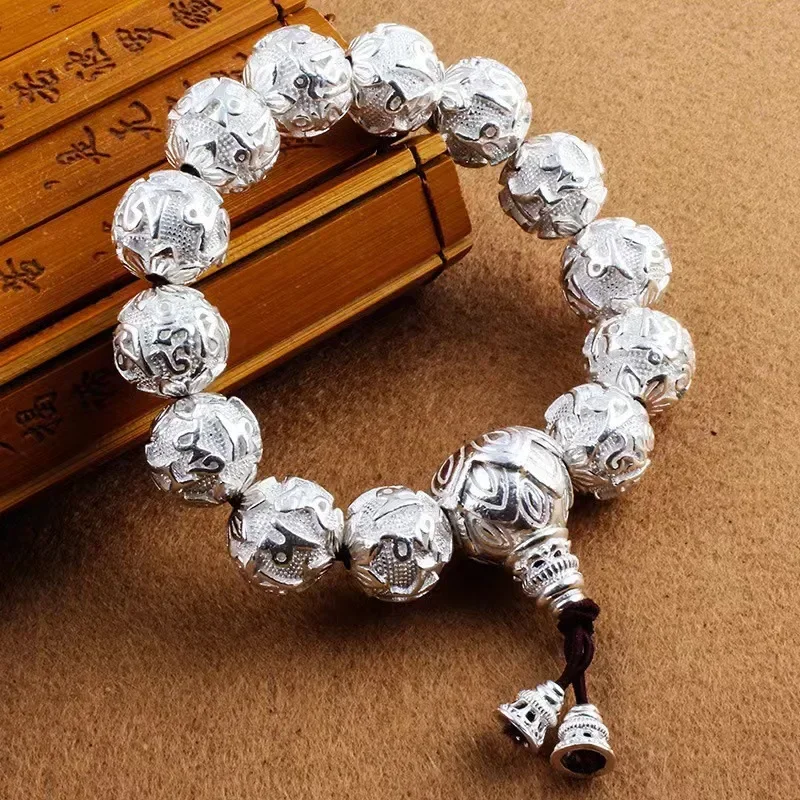 

999 Sterling Silver Buddha Bead Men's and women's Bracelets Six-character Proverb Retro Couple's Round Bead Gift for Loved Ones