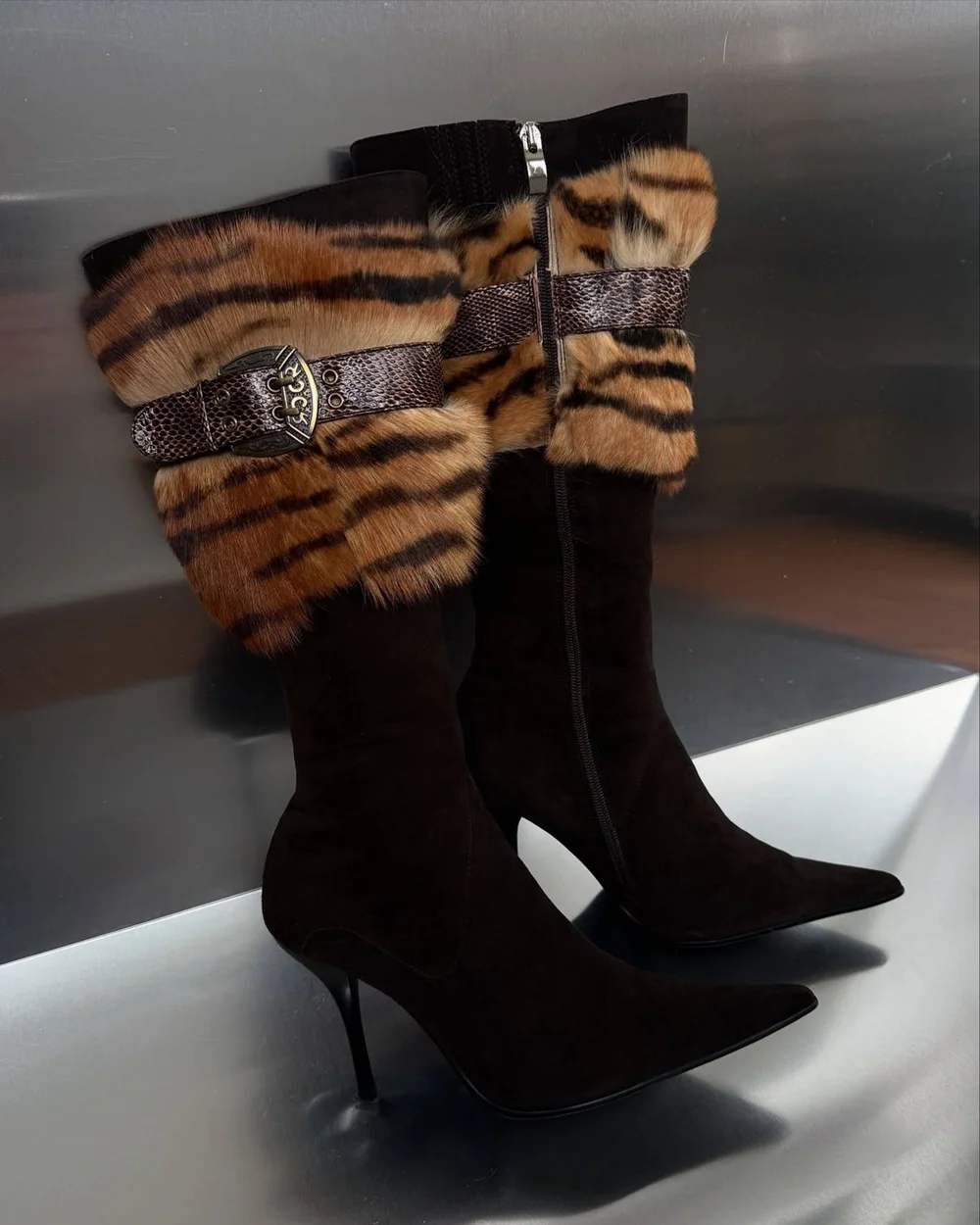 

Black Suede Knee-High Boots Tiger-Pattern Faux Fur Cuff Snake-Print Buckle Strap Pointed-Toe Stiletto Heel Fashion Women's Boots