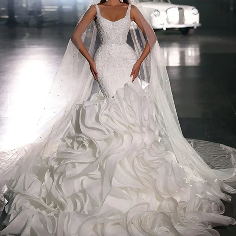 Elegante lieverd mouwloze kralen gelaagde zeemeermin bruid trouwjurken bruidsjurken op maat