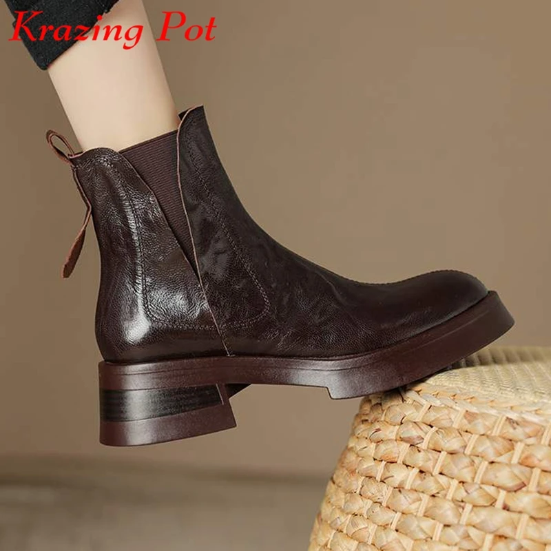 

Krazing Pot Vintage Sheep Leather Round Toe Winter Warm Chelsea Boots Med Heels Slip On Superstar European Platform Ankle Boots