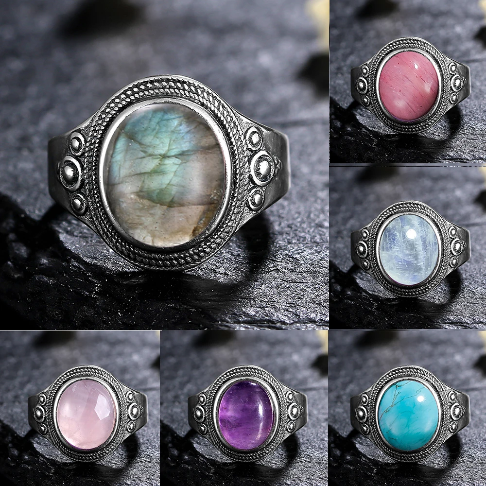 

Sterling Silver 925 Rings Natural 8*10MM Moonstone Labradorite Rhodochrosite Ring for Women Men Party Gifts Fine Jewelry