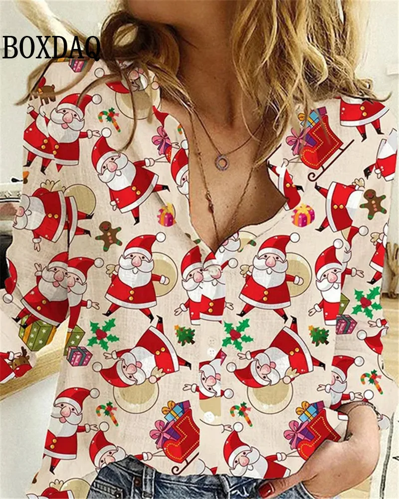 New 2024 Women\'s Blouses Christmas 3D Printed Shirts Autumn Winter Fashion Long Sleeve Funny Cute Santa Claus Casual Button Tops