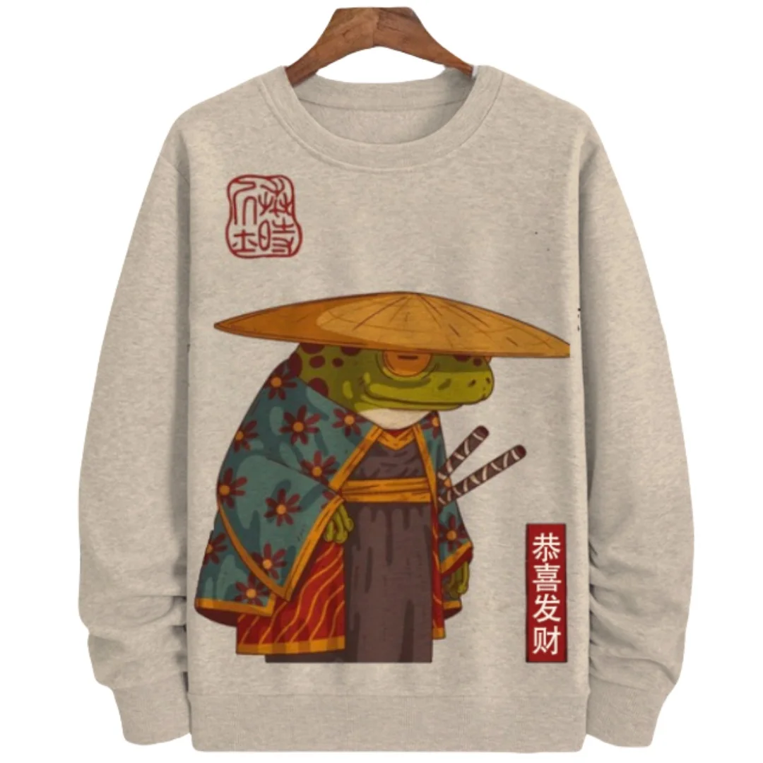 Japanese Style Frog Print Sweatshirt For Men Streetwear Round Neck Long Sleeve Pullover Casual Hooded Sweater Men Clothing 5XL