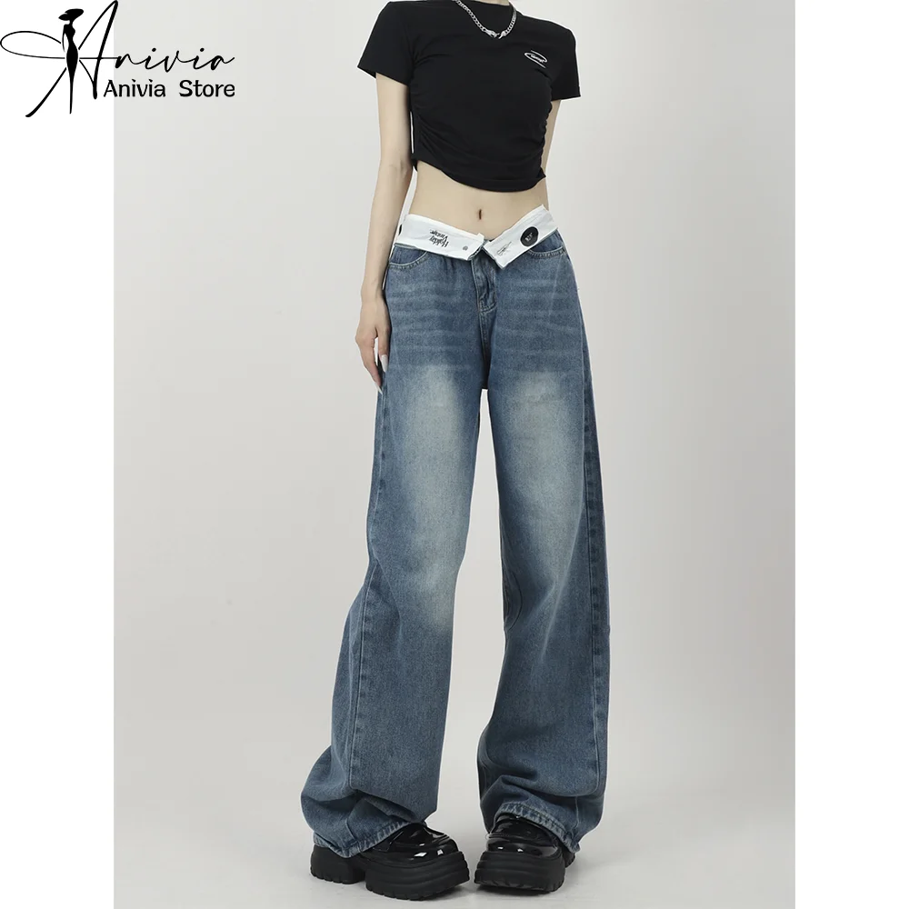 

Harajuku Streetwear Retro Fashion Women High Waist Jeans Blue Wash Lapel Wide Leg Straight Loose Denim Trousers Y2K Baggy Pants