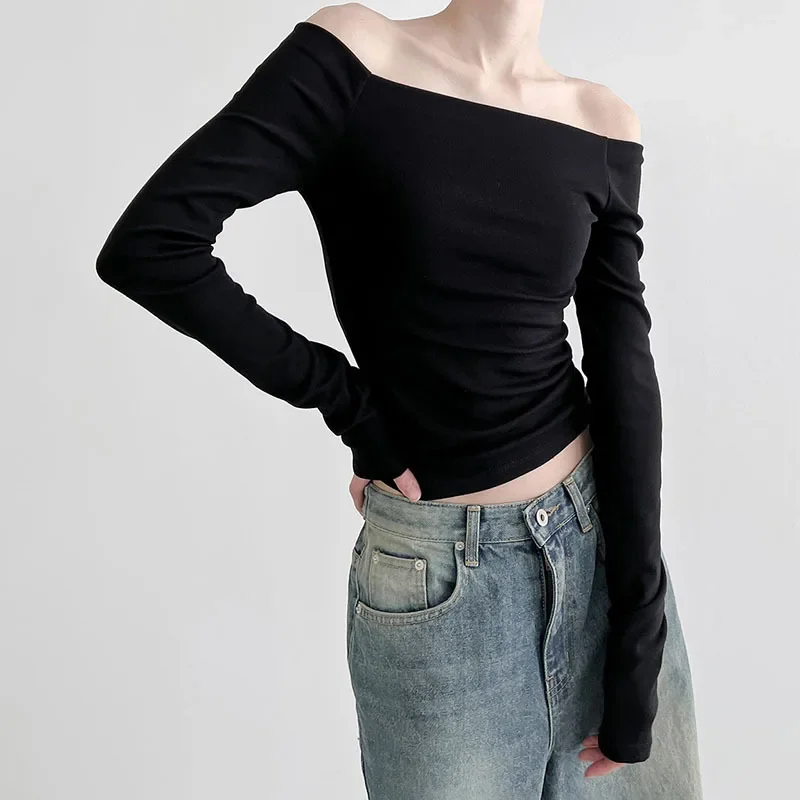 

Black Solid Slash Neck Elegant Long Sleeve Tops Korean Fashion Slim Sexy Cropped T Shirt Women Fall Clothing