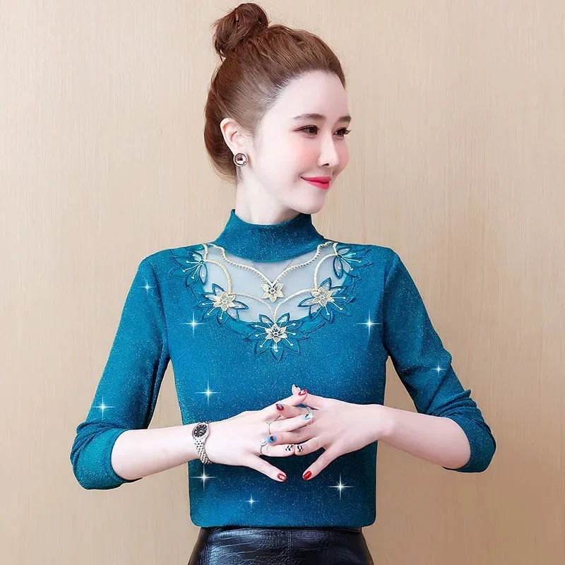 Plus Velvet Padded Lace Bottoming Shirt Women\'s Long-Sleeved High-End Mesh T-Shirt Women\'s Small Shirt Warm Clothes