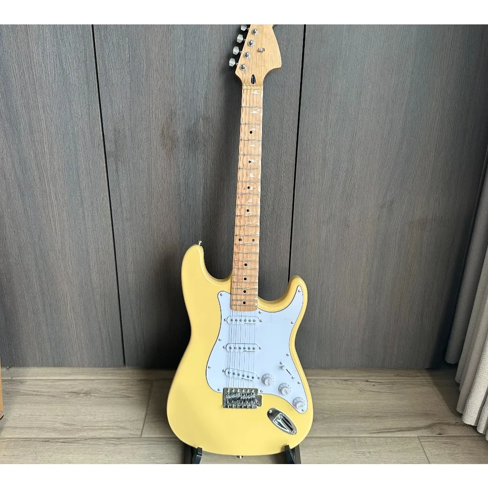 Hot Sale Cream Yellow Electric Guitar ,Scalloped Fingerboard,Big Head , SSS Pickups,  in Stock