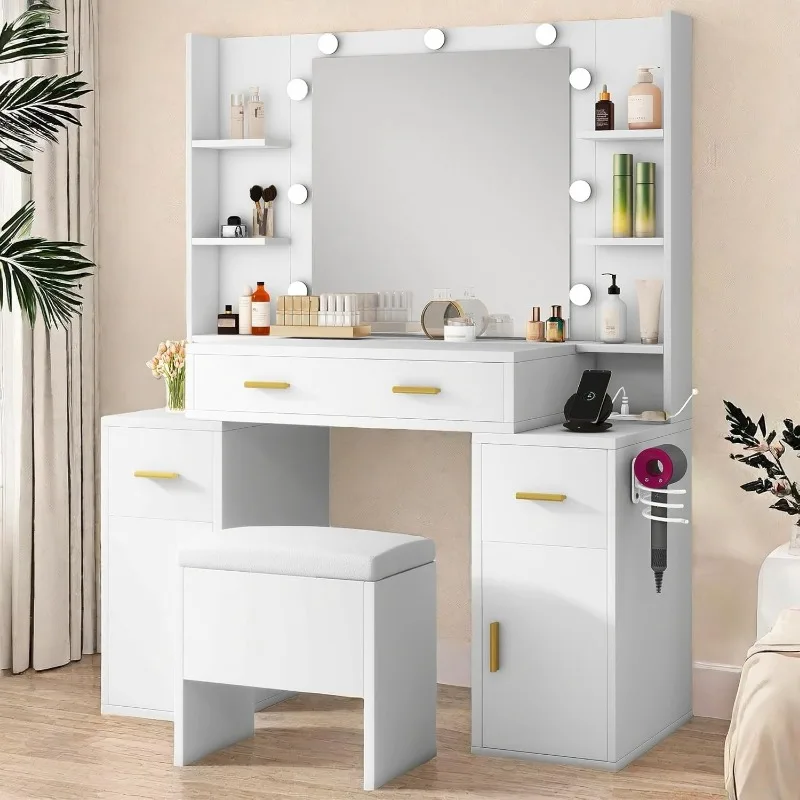 Vanity Desk with Mirror and Lights, Makeup Vanity Set Ensemble with Power Dock, Dressing Table with 3 Drawers, 6 Shelves