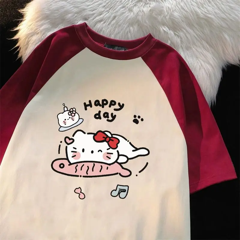 Sanrio เสื้อยืดแขนสั้นคอตตอนแท้สำหรับฤดูร้อนใหม่เสื้อลายการ์ตูนเสื้อแร็กแลนสีตัดกันน่ารักแบบหลวมสำหรับผู้หญิงของขวัญ