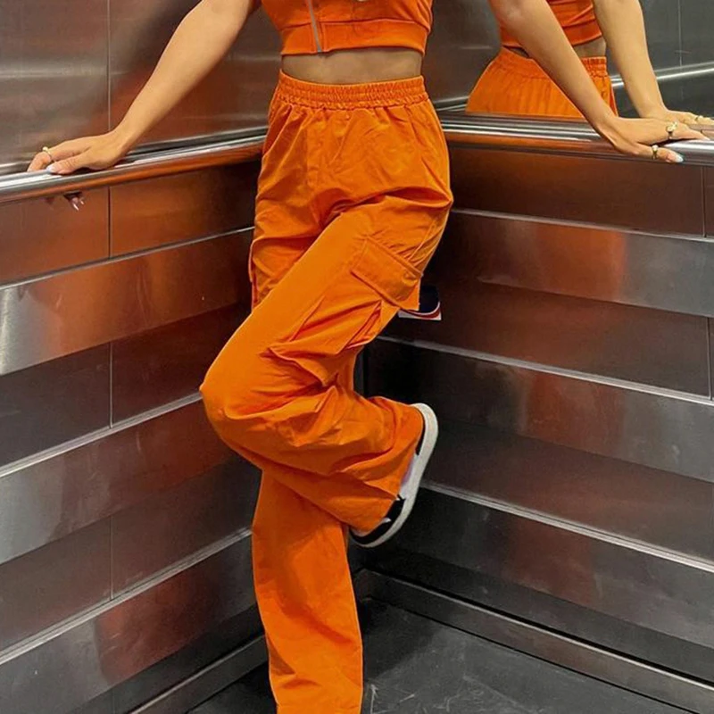 Puloru Orange Baggy Cargo Pants Women Casual High Elasitc Waist Straight-Leg Trousers with Side Pockets Streetwear Sweatpants