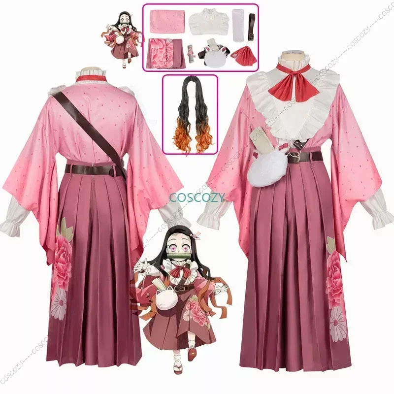 New arrival kamaado nezukko cosplay costume lady girls' birthday costume gifts new nezuko uniform bamboo wig bag pink full suit