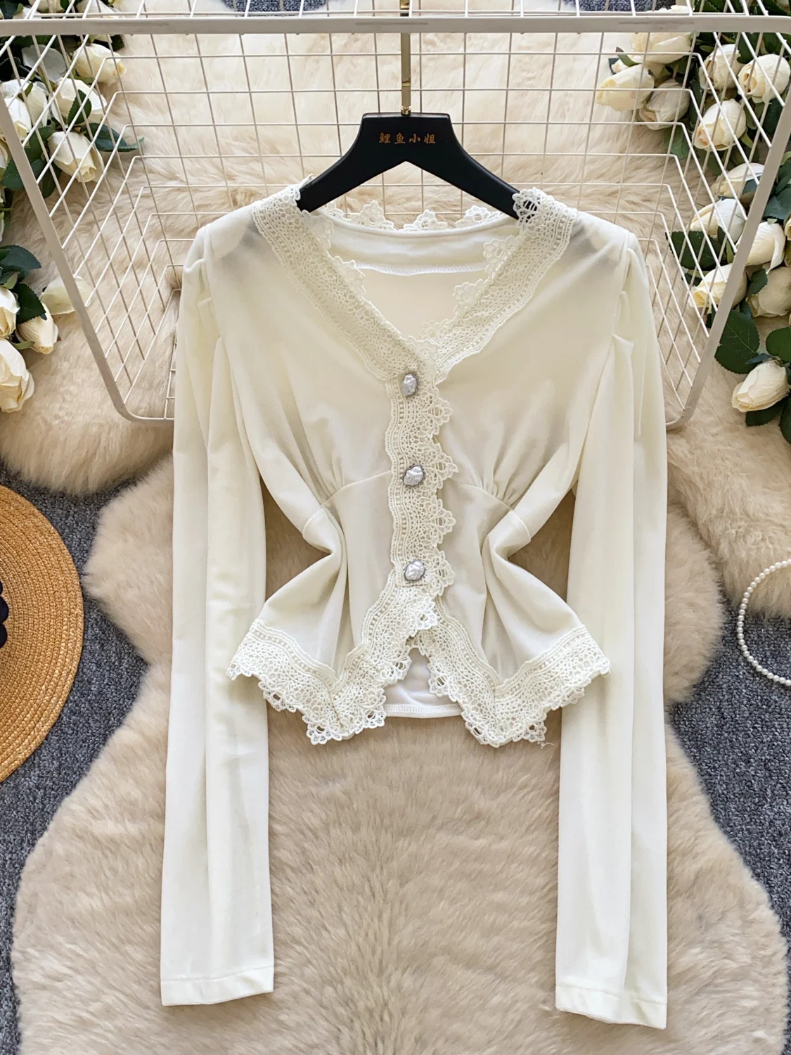 Kardigan damski z aksamitu, z koronkowym wykończeniem, rozpinany, długi, luźny, z perłowymi guzikami, wyszczuplający, w stylu koreańskim...